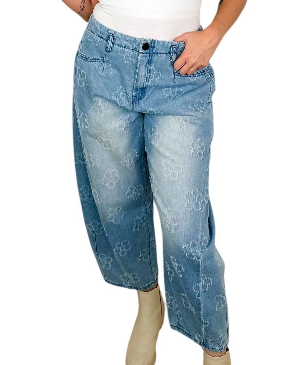 NEW EASEL pushing petals high-rise cotton barrel leg jeans in medium wash denim